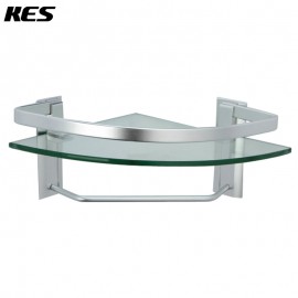 KES Aluminum Bathroom Glass Corner Shelf with Towel Bar Wall Mount Extra Thick Tempered Glass, Silver Sand Sprayed, A4123A